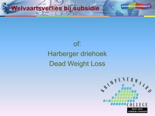 www.economielokaal.nl
Welvaartsverlies bij subsidie
of:
Harberger driehoek
Dead Weight Loss
 