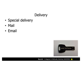 ByronU A degree in Attitude, Activity, SUCCESS!
Delivery
• Special delivery
• Mail
• Email
 