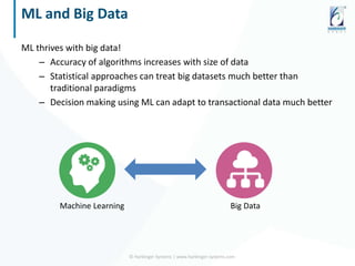 ML and Big Data
ML thrives with big data!
– Accuracy of algorithms increases with size of data
– Statistical approaches can treat big datasets much better than
traditional paradigms
– Decision making using ML can adapt to transactional data much better
© Harbinger Systems | www.harbinger-systems.com
Machine Learning Big Data
 