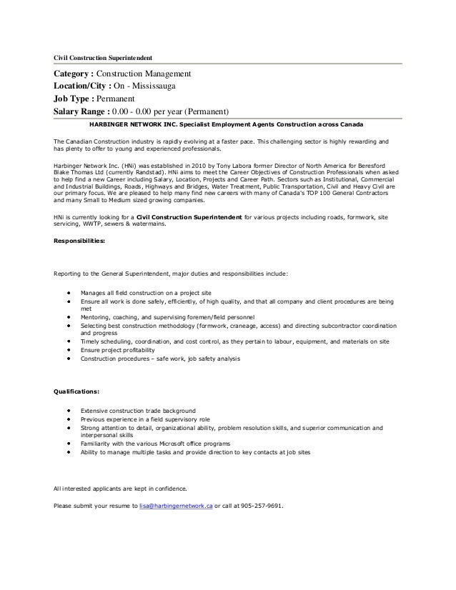 construction superintendent resumes sample