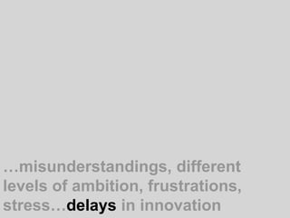 …misunderstandings, different levels of ambition, frustrations, stress…delays in innovation  