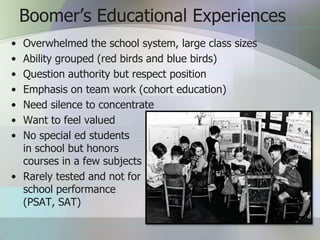 Boomer’s Educational Experiences
• Overwhelmed the school system, large class sizes
• Ability grouped (red birds and blue birds)
• Question authority but respect position
• Emphasis on team work (cohort education)
• Need silence to concentrate
• Want to feel valued
• No special ed students
  in school but honors
  courses in a few subjects
• Rarely tested and not for
  school performance
  (PSAT, SAT)
 