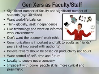 Gen Xers as Faculty/Staff
• Significant number of faculty and significant number of
  students (age 30-46ish)
• Want work-life balance
• Think globally, seek independence
• Like technology and want an informal
  work environment
• Don’t want the boomers’ work ethic
• Communication is important and talk to adults as friends/
  peers (not impressed with authority)
• Believe reward should be based on productivity not hours
• Want control of self, time and future
• Loyalty to people not a company
• Impatient with poorer people skills, more cynical and
  pessimistic
 