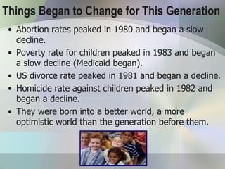 Things Began to Change for This Generation
 • Abortion rates peaked in 1980 and began a slow
   decline.
 • Poverty rate for children peaked in 1983 and began
   a slow decline (Medicaid began).
 • US divorce rate peaked in 1981 and began a decline.
 • Homicide rate against children peaked in 1982 and
   began a decline.
 • They were born into a better world, a more
   optimistic world than the generation before them.
 