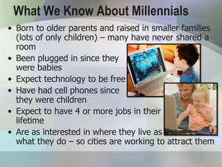 What We Know About Millennials
• Born to older parents and raised in smaller families
  (lots of only children) – many have never shared a
  room
• Been plugged in since they
  were babies
• Expect technology to be free
• Have had cell phones since
  they were children
• Expect to have 4 or more jobs in their
  lifetime
• Are as interested in where they live as
  what they do – so cities are working to attract them
 