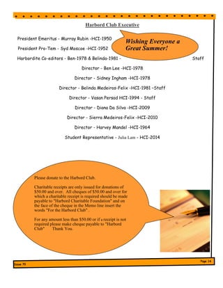 Harbord Club Executive
President Emeritus - Murray Rubin -HCI-1950
President Pro-Tem - Syd Moscoe -HCI-1952
Harbordite Co-editors - Ben-1978 & Belinda-1981 - Staff
Director - Ben Lee -HCI-1978
Director - Sidney Ingham -HCI-1978
Director - Belinda Medeiros-Felix -HCI-1981 –Staff
Director - Vasan Persad HCI-1994 - Staff
Director - Diana Da Silva -HCI-2009
Director - Sierra Medeiros-Felix -HCI-2010
Director - Harvey Mandel -HCI-1964
Student Representative - Julia Lam - HCI-2014
Please donate to the Harbord Club.
Charitable receipts are only issued for donations of
$50.00 and over. All cheques of $50.00 and over for
which a charitable receipt is required should be made
payable to "Harbord Charitable Foundation" and on
the face of the cheque in the Memo line insert the
words "For the Harbord Club" .
For any amount less than $50.00 or if a receipt is not
required please make cheque payable to "Harbord
Club" Thank You.
Wishing Everyone a
Great Summer!
 