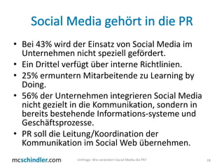 Social Media gehört in die PR<br />Bei 43% wird der Einsatz von Social Media im Unternehmen nicht speziell gefördert.<br /...