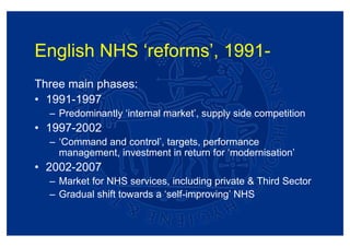 English NHS ‘reforms’, 1991-
Three main phases:
• 1991-1997
  – Predominantly ‘internal market’, supply side competition
• 1997-2002
  – ‘Command and control’, targets, performance
    management, investment in return for ‘modernisation’
• 2002-2007
  – Market for NHS services, including private & Third Sector
  – Gradual shift towards a ‘self-improving’ NHS
 