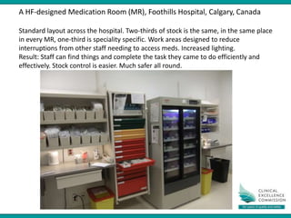 A HF-designed Medication Room (MR), Foothills Hospital, Calgary, Canada
Standard layout across the hospital. Two-thirds of stock is the same, in the same place
in every MR, one-third is speciality specific. Work areas designed to reduce
interruptions from other staff needing to access meds. Increased lighting.
Result: Staff can find things and complete the task they came to do efficiently and
effectively. Stock control is easier. Much safer all round.
 