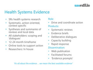 Health Systems Evidence
• SRs health systems research
• Systematic, action oriented,
context specific
• Syntheses and summaries of
reviews and local data
• All stakeholders: scoping and
‘dialogues’
• 12-24 month timeframe
• Online tools to support action
• Researchers: In house
Role:
• Drive and coordinate action
Products:
• Systematic reviews
• Evidence briefs
• Deliberative dialogues
• Capacity building
• Rapid response
Dissemination:
• Web publication
• Facilitated forums
• ‘Evidence prompts’
“It’s all about the evidence … we mean the best available evidence”
 