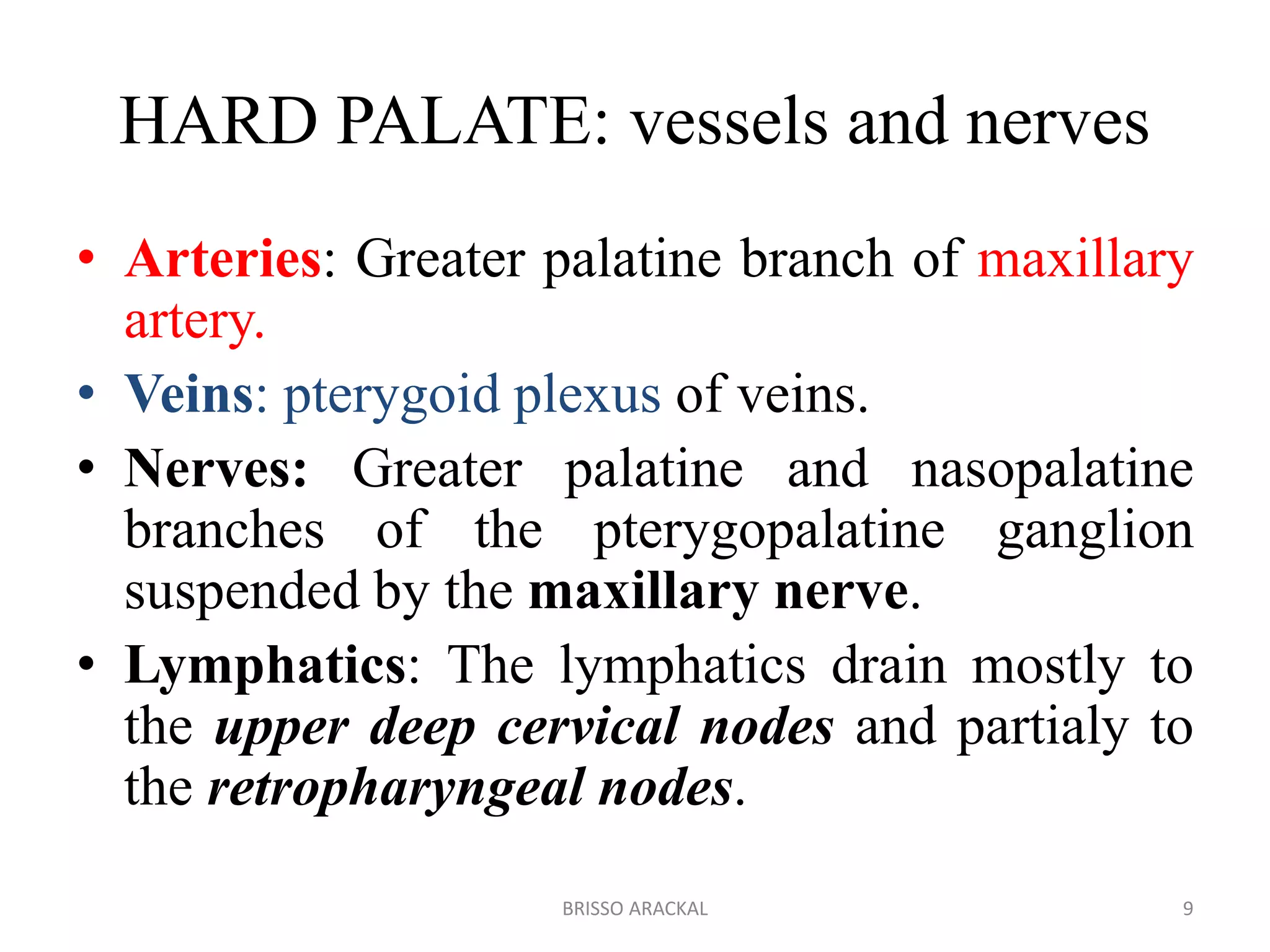 HARD PALATE: vessels and nerves
• Arteries: Greater palatine branch of maxillary
artery.
• Veins: pterygoid plexus of veins.
• Nerves: Greater palatine and nasopalatine
branches of the pterygopalatine ganglion
suspended by the maxillary nerve.
• Lymphatics: The lymphatics drain mostly to
the upper deep cervical nodes and partialy to
the retropharyngeal nodes.
9BRISSO ARACKAL
 