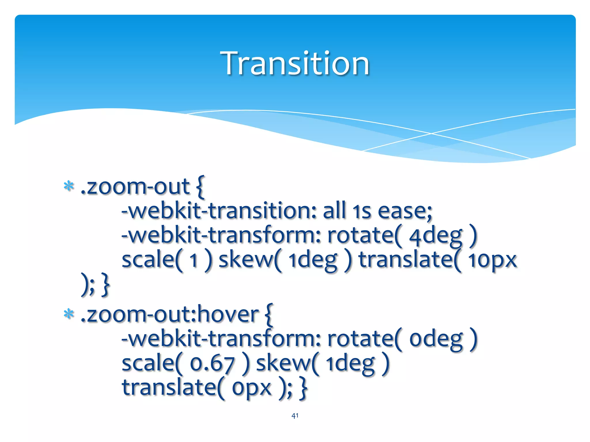 -webkit-transform:rotate( 33deg )scale( .704 )skew( 30deg )	translate( -46px );40Transformation