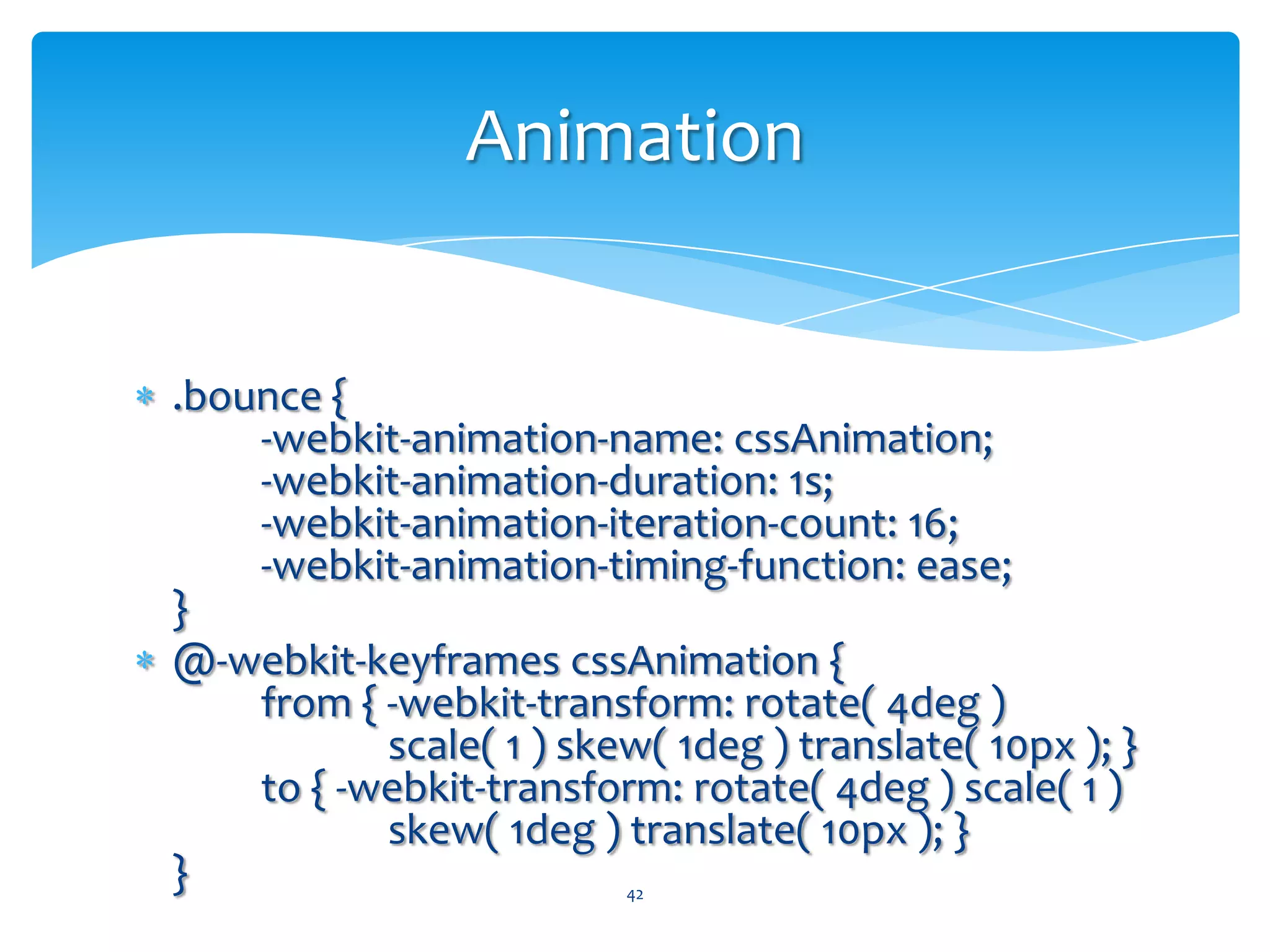 .zoom-out {	-webkit-transition: all 1s ease;	-webkit-transform: rotate( 4deg )scale( 1 ) skew( 1deg ) translate( 10px ); }.zoom-out:hover {	-webkit-transform: rotate( 0deg )scale( 0.67 ) skew( 1deg )translate( 0px ); }41Transition