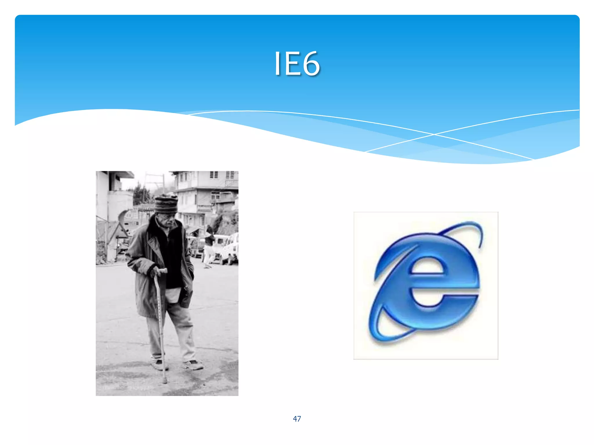 Oude, eh, andere browsers46IE6 kan dit allemaal niet zo goed bijhoudenFirefox 2, Safari 3 en Chrome 4 ook niet trouwensEn wat dacht je van de Blackberry browser?Of die van de Nokia? Apple? HTC?Firefox Mobile? Opera Mini? Windows Phone?Of je iPad? Je Google TV?