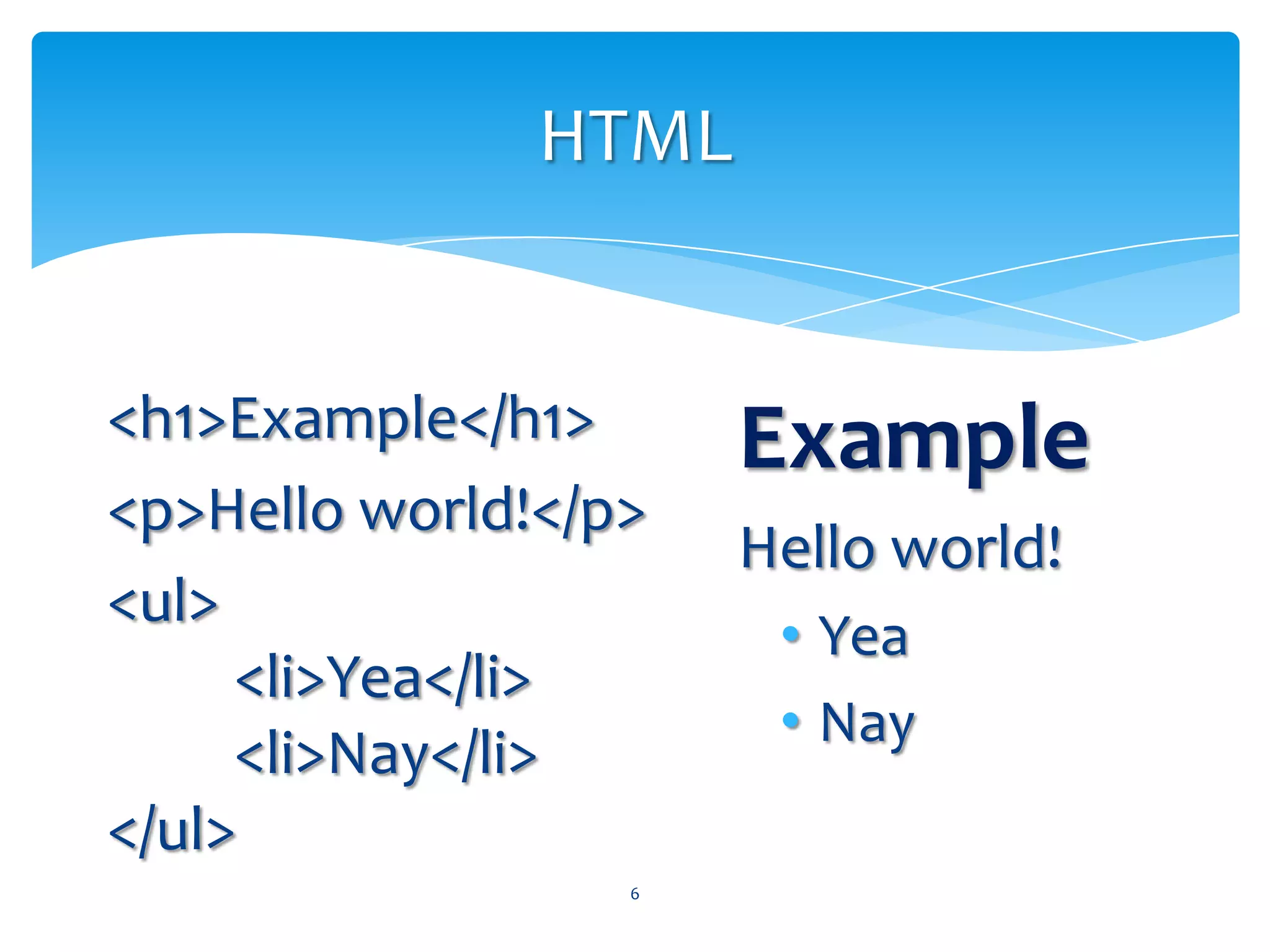 HTML<h1>Example</h1><p>Helloworld!</p><ul>	<li>Yea</li>	<li>Nay</li></ul>ExampleHelloworld!Yea