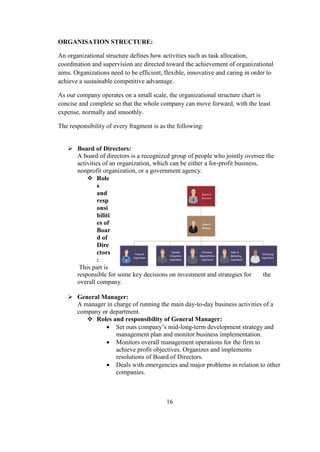ORGANISATION STRUCTURE:
An organizational structure defines how activities such as task allocation,
coordination and supervision are directed toward the achievement of organizational
aims. Organizations need to be efficient, flexible, innovative and caring in order to
achieve a sustainable competitive advantage.
As our company operates on a small scale, the organizational structure chart is
concise and complete so that the whole company can move forward, with the least
expense, normally and smoothly.
The responsibility of every fragment is as the following:
 Board of Directors:
A board of directors is a recognized group of people who jointly oversee the
activities of an organization, which can be either a for-profit business,
nonprofit organization, or a government agency.
 Role
s
and
resp
onsi
biliti
es of
Boar
d of
Dire
ctors
:
This part is
responsible for some key decisions on investment and strategies for the
overall company.
 General Manager:
A manager in charge of running the main day-to-day business activities of a
company or department.
 Roles and responsibility of General Manager:
 Set outs company’s mid-long-term development strategy and
management plan and monitor business implementation.
 Monitors overall management operations for the firm to
achieve profit objectives. Organizes and implements
resolutions of Board of Directors.
 Deals with emergencies and major problems in relation to other
companies.
16
 