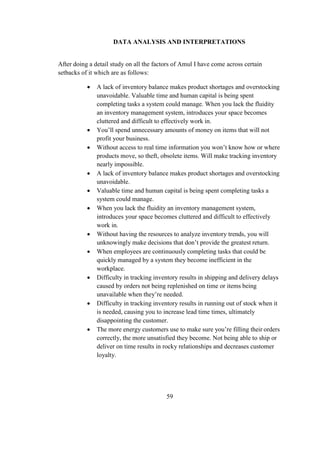 DATA ANALYSIS AND INTERPRETATIONS
After doing a detail study on all the factors of Amul I have come across certain
setbacks of it which are as follows:
 A lack of inventory balance makes product shortages and overstocking
unavoidable. Valuable time and human capital is being spent
completing tasks a system could manage. When you lack the fluidity
an inventory management system, introduces your space becomes
cluttered and difficult to effectively work in.
 You’ll spend unnecessary amounts of money on items that will not
profit your business.
 Without access to real time information you won’t know how or where
products move, so theft, obsolete items. Will make tracking inventory
nearly impossible.
 A lack of inventory balance makes product shortages and overstocking
unavoidable.
 Valuable time and human capital is being spent completing tasks a
system could manage.
 When you lack the fluidity an inventory management system,
introduces your space becomes cluttered and difficult to effectively
work in.
 Without having the resources to analyze inventory trends, you will
unknowingly make decisions that don’t provide the greatest return.
 When employees are continuously completing tasks that could be
quickly managed by a system they become inefficient in the
workplace.
 Difficulty in tracking inventory results in shipping and delivery delays
caused by orders not being replenished on time or items being
unavailable when they’re needed.
 Difficulty in tracking inventory results in running out of stock when it
is needed, causing you to increase lead time times, ultimately
disappointing the customer.
 The more energy customers use to make sure you’re filling their orders
correctly, the more unsatisfied they become. Not being able to ship or
deliver on time results in rocky relationships and decreases customer
loyalty.
59
 