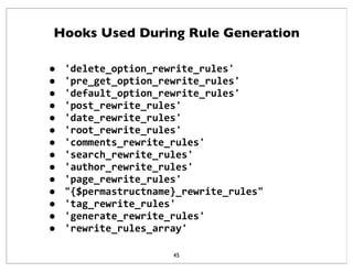Hooks Used During Rule Generation
45
• 'delete_option_rewrite_rules'
• 'pre_get_option_rewrite_rules'
• 'default_option_re...