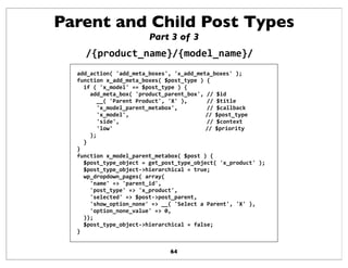 Parent and Child Post Types
Part 3 of 3
/{product_name}/{model_name}/
64
add_action(#'add_meta_boxes',#'x_add_meta_boxes'#...