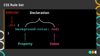 CSS Rule Set
.div {
background-color: red;
}
Selector Declaration
Property Value
 