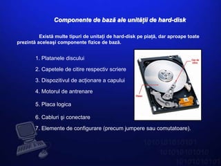 Componente de bază ale unităţii de hard-disk

          Există multe tipuri de unitaţi de hard-disk pe piaţă, dar aproape toate
prezintă aceleaşi componente fizice de bază.


        1. Platanele discului

        2. Capetele de citire respectiv scriere

        3. Dispozitivul de acţionare a capului

        4. Motorul de antrenare

        5. Placa logica

        6. Cabluri şi conectare

        7. Elemente de configurare (precum jumpere sau comutatoare).
 