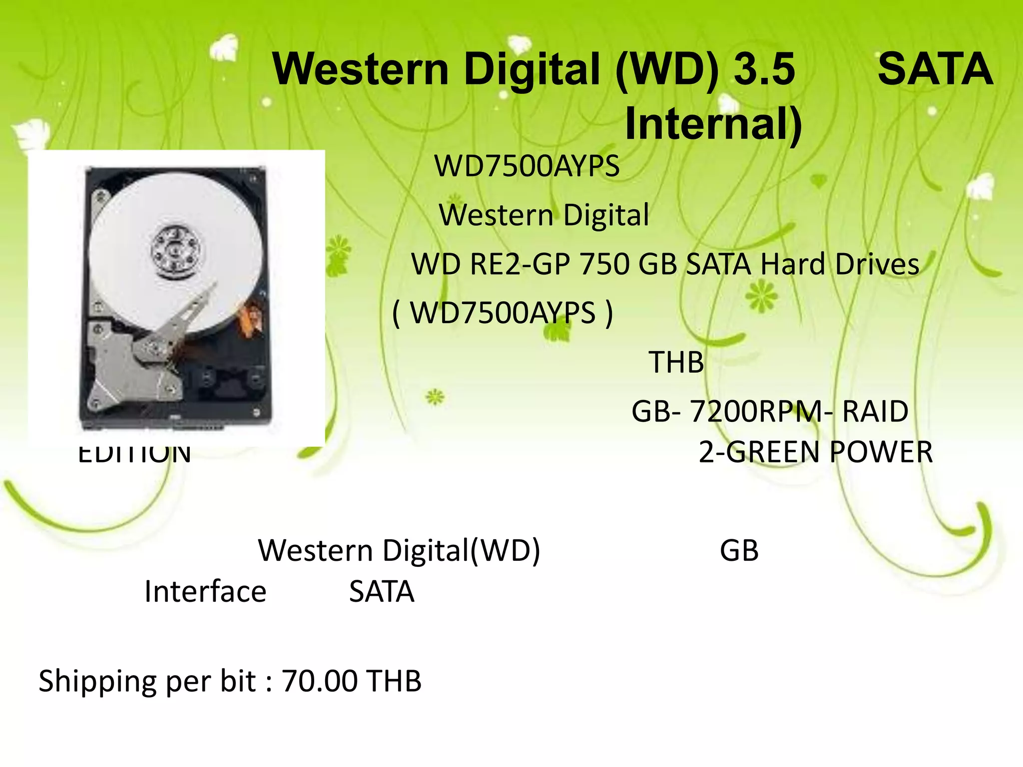 Western Digital (WD) 3.5               SATA
                                  Internal)
                            WD7500AYPS
                            Western Digital
                           WD RE2-GP 750 GB SATA Hard Drives
                         ( WD7500AYPS )
                                           THB
                                         GB- 7200RPM- RAID
  EDITION                                     2-GREEN POWER

               Western Digital(WD)            GB
       Interface    SATA

Shipping per bit : 70.00 THB
 