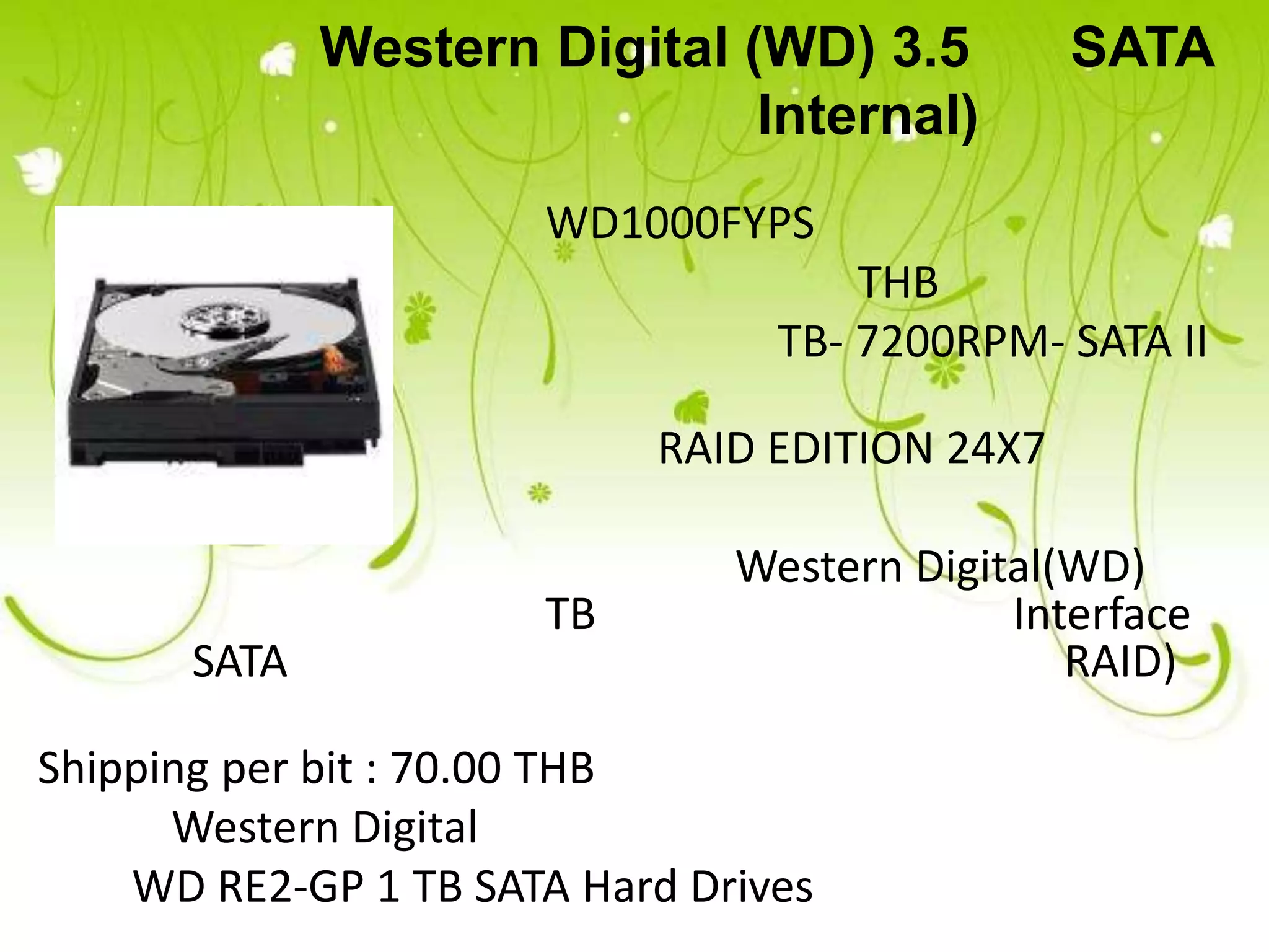 Western Digital (WD) 3.5          SATA
                              Internal)
                      WD1000FYPS
                                     THB
                                 TB- 7200RPM- SATA II
  –
                           RAID EDITION 24X7

                               Western Digital(WD)
                      TB                    Interface
      SATA                                     RAID)

Shipping per bit : 70.00 THB
      Western Digital
    WD RE2-GP 1 TB SATA Hard Drives
 
