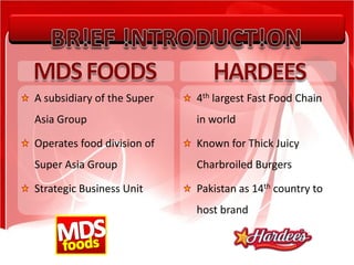 BR!EF !NTRODUCT!ONMDS FOODSHARDEESA subsidiary of the Super Asia GroupOperates food division of Super Asia Group Strategic Business Unit4th largest Fast Food Chain in worldKnown for Thick Juicy Charbroiled BurgersPakistan as 14th country to host brandMDSfoods