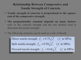 Relationship Between Compressive andRelationship Between Compressive and
Tensile Strength of ConcreteTensile Strength of Concrete
• TensileTensile strengthstrength ofof concreteconcrete isis proportionalproportional toto thethe square-square-
rootroot ofof thethe compressivecompressive strength.strength.
• TheThe proportionalityproportionality constantconstant dependsdepends onon manymany factors,factors,
suchsuch asas thethe concreteconcrete strengthstrength andand thethe testtest methodmethod usedused toto
determinedetermine thethe tensiletensile strength.strength.
• TheThe followingfollowing relationsrelations cancan bebe usedused asas aa rulerule ofof thumb:thumb:
 