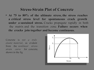 Stress-Strain Plot of ConcreteStress-Strain Plot of Concrete
• At 75 to 80% of the ultimate stress, the stress reachesAt 75 to 80% of the ultimate stress, the stress reaches
a critical stress level for spontaneous crack growtha critical stress level for spontaneous crack growth
under a sustained stress.under a sustained stress. Cracks propagate rapidly in bothCracks propagate rapidly in both
the matrix and the transition zone.the matrix and the transition zone. Failure occurs whenFailure occurs when
the cracks join together and become continuous.the cracks join together and become continuous.
Concrete isConcrete is not a trulynot a truly
elastic materialelastic material, as evident, as evident
from thefrom the nonlinear stress-nonlinear stress-
strain curvestrain curve for concrete,for concrete,
shown in the figshown in the fig
 