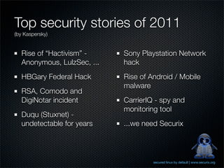 Top security stories of 2011
(by Kaspersky)


  Rise of “Hactivism” -     Sony Playstation Network
  Anonymous, LulzSec, ...   hack
  HBGary Federal Hack       Rise of Android / Mobile
                            malware
  RSA, Comodo and
  DigiNotar incident        CarrierIQ - spy and
                            monitoring tool
  Duqu (Stuxnet) -
  undetectable for years    ...we need Securix




                                     secured linux by default | www.securix.org
 