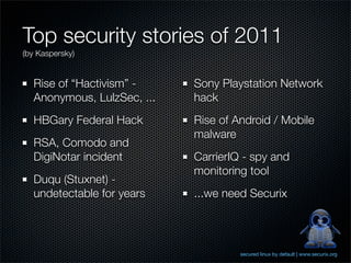 Top security stories of 2011
(by Kaspersky)


  Rise of “Hactivism” -     Sony Playstation Network
  Anonymous, LulzSec, ....