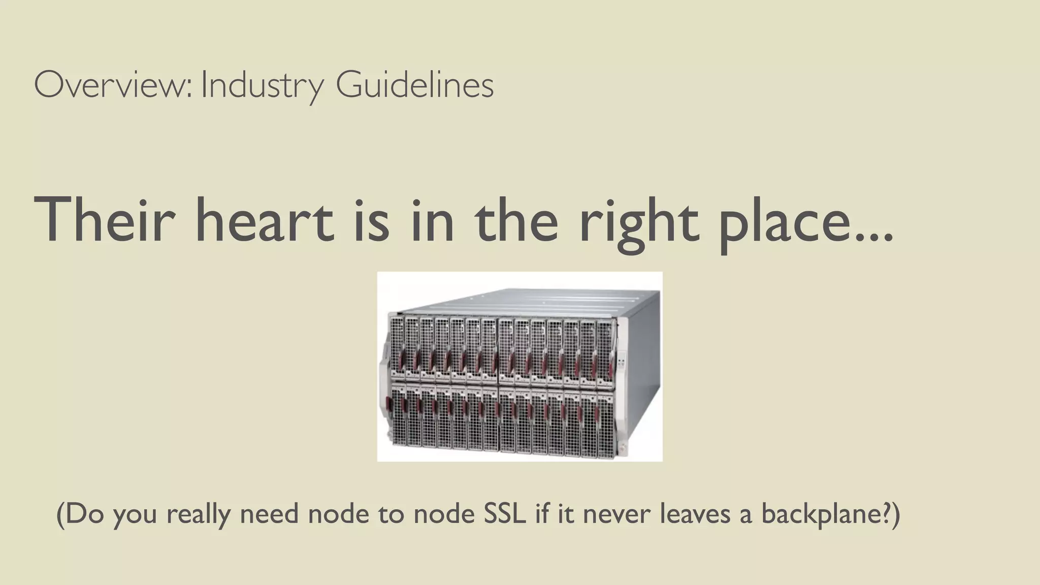 Overview: Industry Guidelines
Their heart is in the right place...
(Do you really need node to node SSL if it never leaves a backplane?)
 