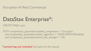 Encryption At Rest: Commercial
DataStax Enterprise*:
CREATETABLE users
...
WITH compression_parameters:sstable_compression = 'Encryptor'
and compression_parameters:cipher_algorithm = 'AES/ECB/PKCS5Padding'
and compression_parameters:secret_key_strength = 128;
*commit log not included! (eCrypt-fs to the rescue)
 