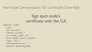 Inter-Node Communication: SSL: Certiﬁcates Done Right
Sign each node's
certiﬁcate with the CA
openssl x509
-req 
-CA ca-cert 
-CAkey ca-key 
-in node1_cert_sr 
-out node1_cert_signed 
-days 365 
-CAcreateserial 
-passin pass:mypass
 