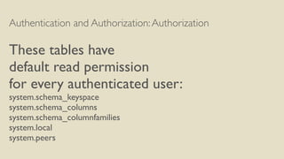 Authentication and Authorization:Authorization
These tables have
default read permission
for every authenticated user:
system.schema_keyspace
system.schema_columns
system.schema_columnfamilies
system.local
system.peers
 