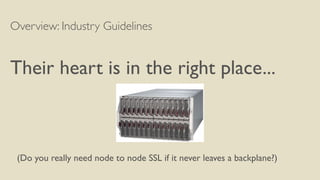 Overview: Industry Guidelines
Their heart is in the right place...
(Do you really need node to node SSL if it never leaves a backplane?)
 