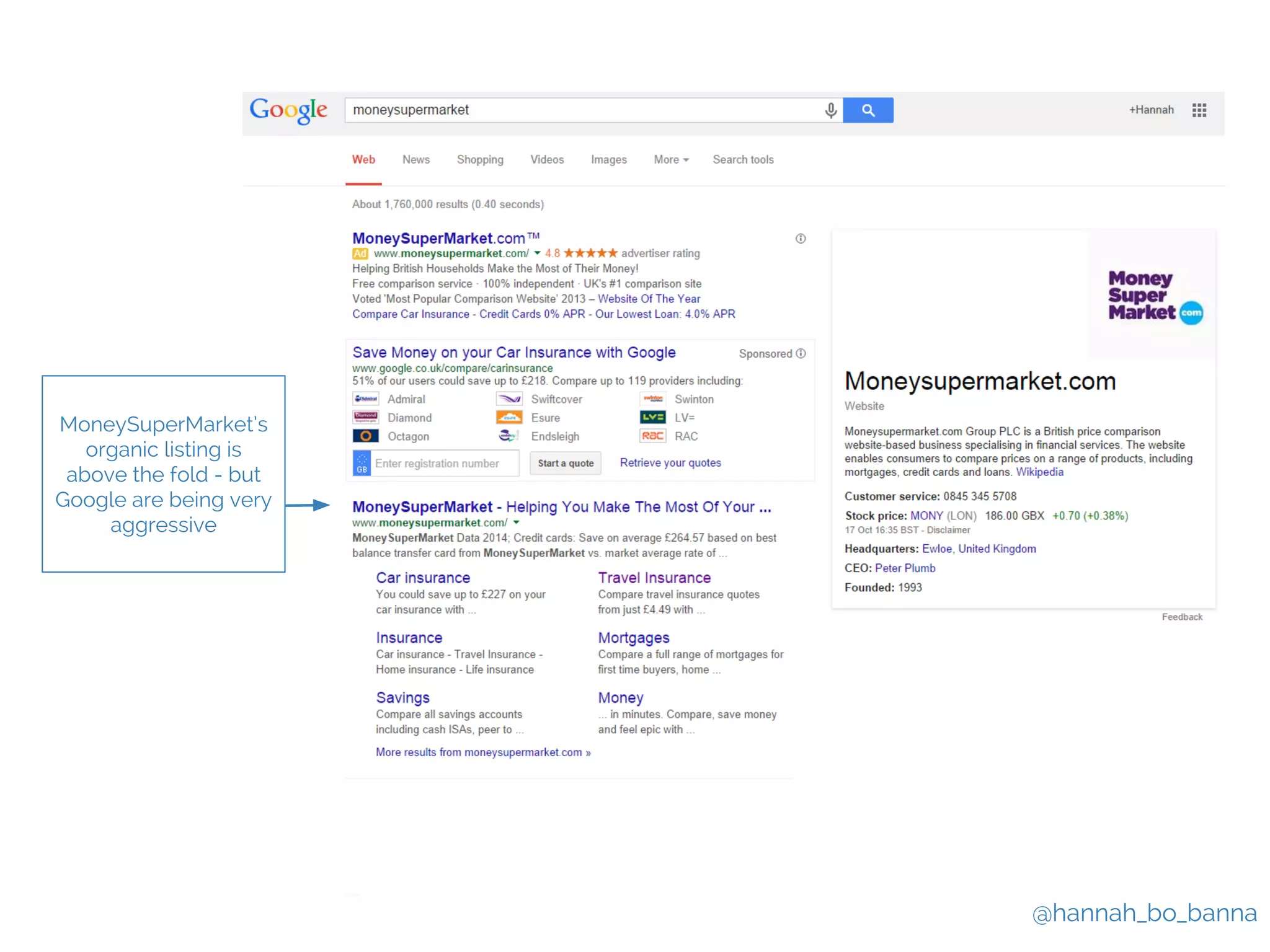 @hannah_bo_banna 
MoneySuperMarket’s 
organic listing is 
above the fold - but 
Google are being very 
aggressive 
 