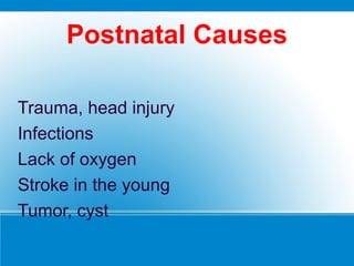 Postnatal Causes
Trauma, head injury
Infections
Lack of oxygen
Stroke in the young
Tumor, cyst
 