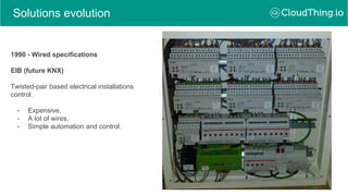 Solutions evolution
1990 - Wired specifications
EIB (future KNX)
Twisted-pair based electrical installations
control.
- Expensive,
- A lot of wires,
- Simple automation and control.
 