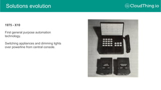 Solutions evolution
1975 - X10
First general purpose automation
technology.
Switching appliances and dimming lights
over p...