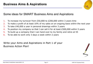 To increase my turnover from £50,000 to £200,000 within 3 years time To make a profit of at least 10% of my sales on an ongoing basis within the next year To take £40,000 a year in personal drawings within 3 years To position my company so that I can sell it for at least £500,000 within 5 years To build up a company that I can hand over to my family and retire at 55 To be able to work only 3 days a week within 2 years Write your Aims and Aspirations in Part 1 of your Business Action Plan! Some ideas for SMART Business Aims and Aspirations Business Aims & Aspirations 