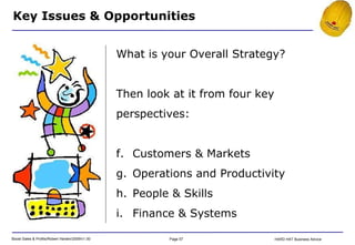 Key Issues & Opportunities What is your Overall Strategy? Then look at it from four key perspectives: Customers & Markets Operations and Productivity People & Skills Finance & Systems 