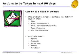 Actions to be Taken in next 90 days Commit to 5 Goals in 90 days What are the five things you can tackle now that in 90 days will affect: Cash Profit – increase profit by… Sales – increase sales turnover by… Team effectiveness Your time effectiveness Make them SMART: Specific Measurable Agreed Upon Realistic Time Based 
