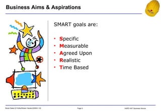 Business Aims & Aspirations SMART goals are: S pecific M easurable A greed Upon R ealistic T ime Based 