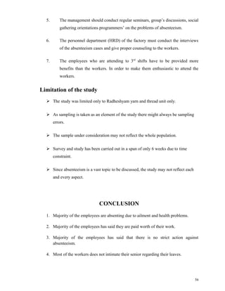 5. The management should conduct regular seminars, group’s discussions, social 
gathering orientations programmers’ on the problems of absenteeism. 
6. The personnel department (HRD) of the factory must conduct the interviews 
of the absenteeism cases and give proper counseling to the workers. 
7. The employees who are attending to 3rd shifts have to be provided more 
benefits than the workers. In order to make them enthusiastic to attend the 
workers. 
Limitation of the study 
 The study was limited only to Radheshyam yarn and thread unit only. 
 As sampling is taken as an element of the study there might always be sampling 
errors. 
 The sample under consideration may not reflect the whole population. 
 Survey and study has been carried out in a span of only 6 weeks due to time 
constraint. 
 Since absenteeism is a vast topic to be discussed, the study may not reflect each 
and every aspect. 
CONCLUSION 
1. Majority of the employees are absenting due to ailment and health problems. 
2. Majority of the employees has said they are paid worth of their work. 
3. Majority of the employees has said that there is no strict action against 
absenteeism. 
4. Most of the workers does not intimate their senior regarding their leaves. 
56 
 