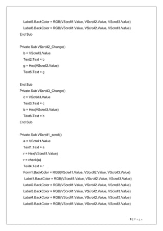 3 | P a g e
Label5.BackColor = RGB(VScroll1.Value, VScroll2.Value, VScroll3.Value)
Label6.BackColor = RGB(VScroll1.Value, VScroll2.Value, VScroll3.Value)
End Sub
Private Sub VScroll2_Change()
b = VScroll2.Value
Text2.Text = b
g = Hex(VScroll2.Value)
Text5.Text = g
End Sub
Private Sub VScroll3_Change()
c = VScroll3.Value
Text3.Text = c
b = Hex(VScroll3.Value)
Text6.Text = b
End Sub
Private Sub VScroll1_scroll()
a = VScroll1.Value
Text1.Text = a
r = Hex(VScroll1.Value)
r = check(a)
Text4.Text = r
Form1.BackColor = RGB(VScroll1.Value, VScroll2.Value, VScroll3.Value)
Label1.BackColor = RGB(VScroll1.Value, VScroll2.Value, VScroll3.Value)
Label2.BackColor = RGB(VScroll1.Value, VScroll2.Value, VScroll3.Value)
Label3.BackColor = RGB(VScroll1.Value, VScroll2.Value, VScroll3.Value)
Label4.BackColor = RGB(VScroll1.Value, VScroll2.Value, VScroll3.Value)
Label5.BackColor = RGB(VScroll1.Value, VScroll2.Value, VScroll3.Value)
 