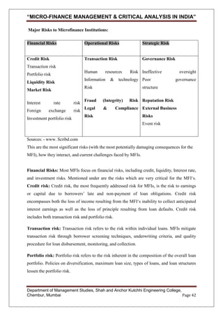 “MICRO-FINANCE MANAGEMENT & CRITICAL ANALYSIS IN INDIA”
Major Risks to Microfinance Institutions:
Financial Risks

Operational Risks

Strategic Risk

Credit Risk

Transaction Risk

Governance Risk

Transaction risk
Human

Portfolio risk

resources

Information

Liquidity Risk

&

Risk Ineffective

technology Poor

Risk

Market Risk
Interest

rate

risk

Foreign

exchange

risk

Investment portfolio risk

oversight
governance

structure

Fraud

(Integrity)

Legal

&

Risk Reputation Risk

Compliance External Business

Risk

Risks
Event risk

Sources: - www. Scribd.com
This are the most significant risks (with the most potentially damaging consequences for the
MFI), how they interact, and current challenges faced by MFIs.

Financial Risks: Most MFIs focus on financial risks, including credit, liquidity, Interest rate,
and investment risks. Mentioned under are the risks which are very critical for the MFI‗s.
Credit risk: Credit risk, the most frequently addressed risk for MFIs, is the risk to earnings
or capital due to borrowers‘ late and non-payment of loan obligations. Credit risk
encompasses both the loss of income resulting from the MFI‗s inability to collect anticipated
interest earnings as well as the loss of principle resulting from loan defaults. Credit risk
includes both transaction risk and portfolio risk.
Transaction risk: Transaction risk refers to the risk within individual loans. MFIs mitigate
transaction risk through borrower screening techniques, underwriting criteria, and quality
procedure for loan disbursement, monitoring, and collection.
Portfolio risk: Portfolio risk refers to the risk inherent in the composition of the overall loan
portfolio. Policies on diversification, maximum loan size, types of loans, and loan structures
lessen the portfolio risk.

Department of Management Studies, Shah and Anchor Kutchhi Engineering College,
Chembur, Mumbai
Page 42

 