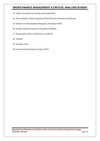 “MICRO-FINANCE MANAGEMENT & CRITICAL ANALYSIS IN INDIA”
43 Indian Association for Savings and Credit(IASC)
44 Sewa Mutually Aided Cooperative Thrift Societies Federation Ltd (Sewa)
45 Initiatives for Development Bangalore, Foundation (IDF)
46 Gandhi Smaraka Grama Seva Kendram (GSGSK)
47 Swayamshree Micro Credit Services (SMCS)
48 ASOMI
49 Janodaya Trust
50 Community Development Centre (CDC)

Department of Management Studies, Shah and Anchor Kutchhi Engineering College,
Chembur, Mumbai
Page 72

 