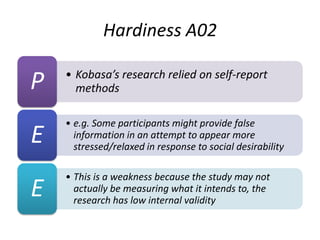 Hardiness A02

    • Kobasa’s research relied on self-report
P     methods

    • e.g. Some participants might provide false
E     information in an attempt to appear more
      stressed/relaxed in response to social desirability

    • This is a weakness because the study may not
E     actually be measuring what it intends to, the
      research has low internal validity
 